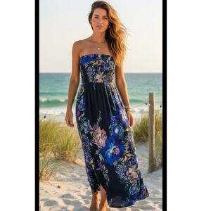VTG Navy blue floral‎ large y2k maxi dress tropical cottage coquette strapless